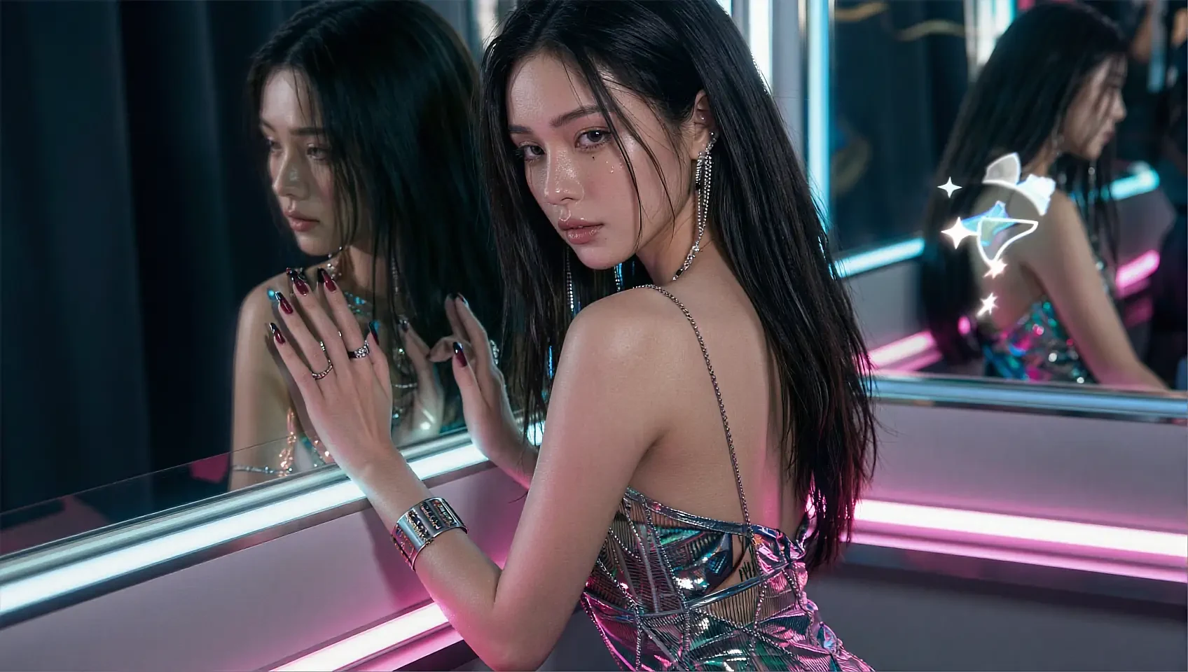 Wide frame of a dark-haired woman in a sequin dress reflected in a neon-lit mirror